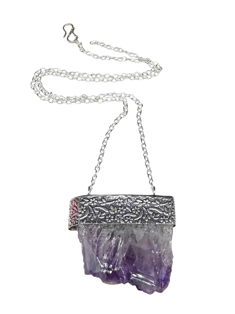 Amethyst Crystal Geode Slice Pendant Necklace 925 Sterling Silver Overlay